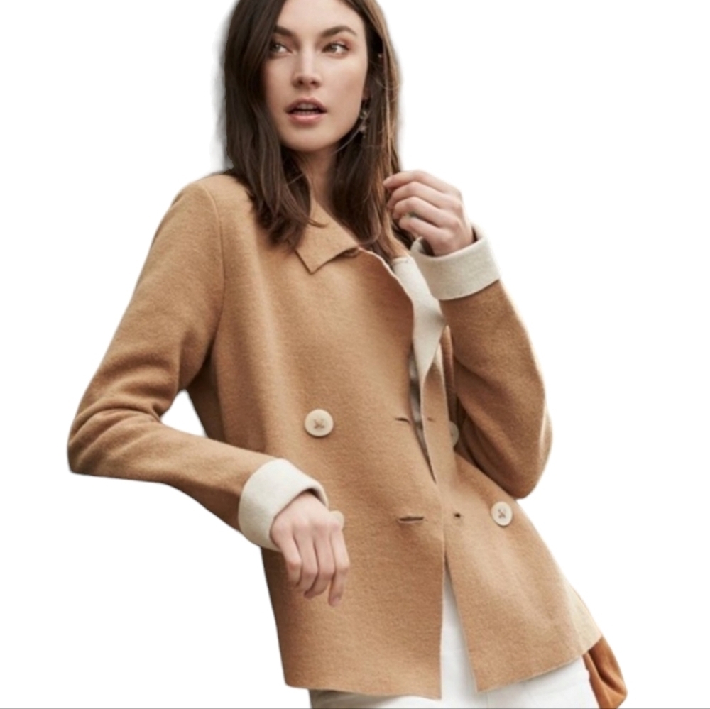 Anthropologie HWR Boiled Wool Tan and Cream Double Breasted Jacket